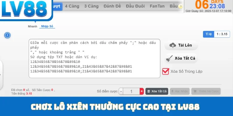 Chơi lô xiên thưởng cực cao tại LV88